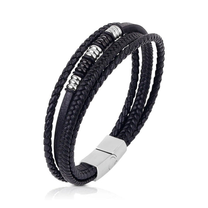 Multilayer Leather Bracelets for Men: Rugged and Refined Leather Unique Leather Bracelets Black/Silver3 18.5cm 