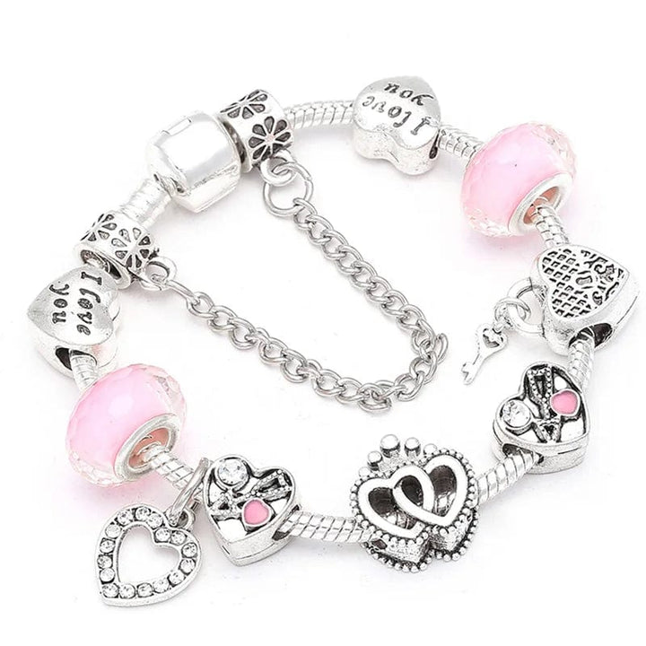 Charm Elegant Silver Charm Bracelet with Heart and Pink Beads - Perfect Gift for Her Pink / 17cm Unique Leather Bracelets