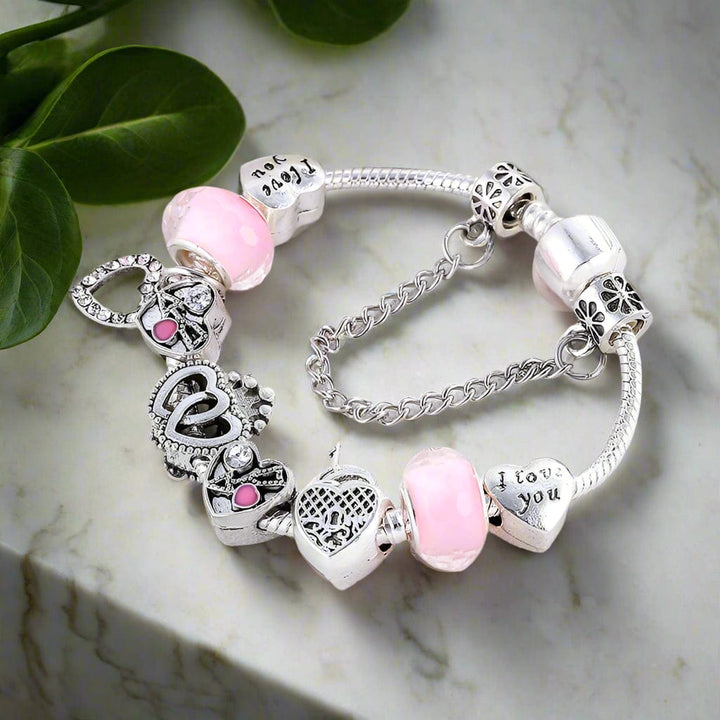 Charm Elegant Silver Charm Bracelet with Heart and Pink Beads - Perfect Gift for Her Unique Leather Bracelets