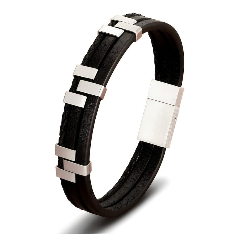 Classic Conected Straps Leather Bracelet Leather Unique Leather Bracelets 19cm Silver/Black 