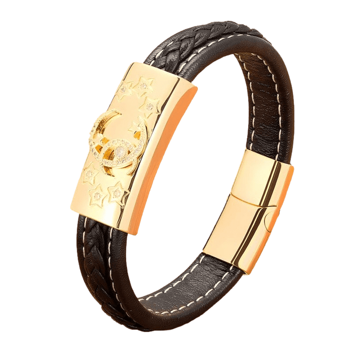 Crescent Moon & Stars Leather Bracelet Leather Unique Leather Bracelets 19cm Silver/Gold 