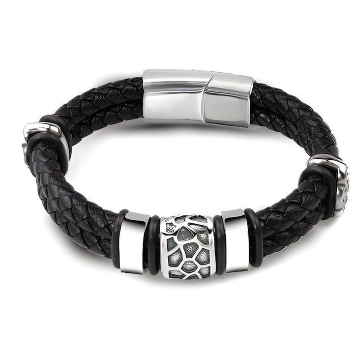 Double Braided Brown Leather Bracelet Leather Unique Leather Bracelets Silver/Black 18.5cm 