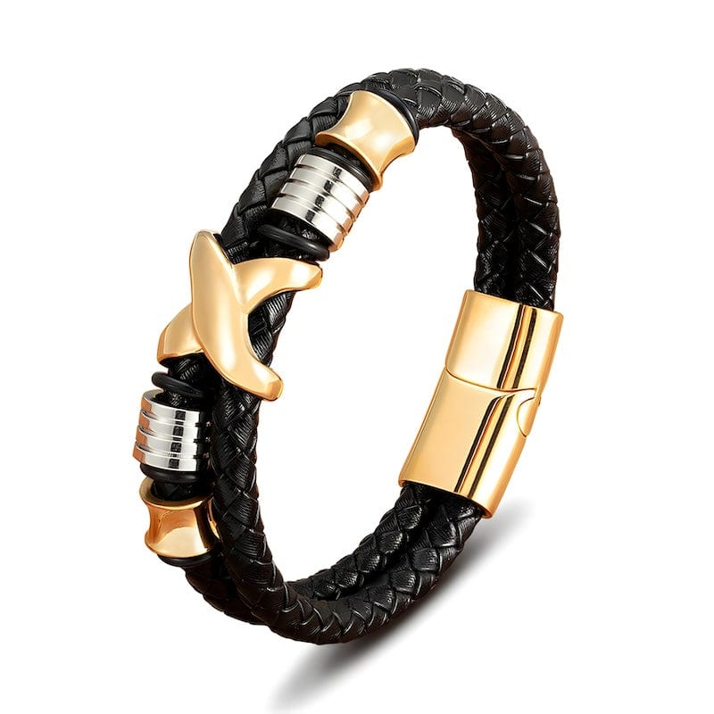 Leather X Style Double Layer Braided Leather Mens Bracelet 19cm / Silver/Gold Unique Leather Bracelets