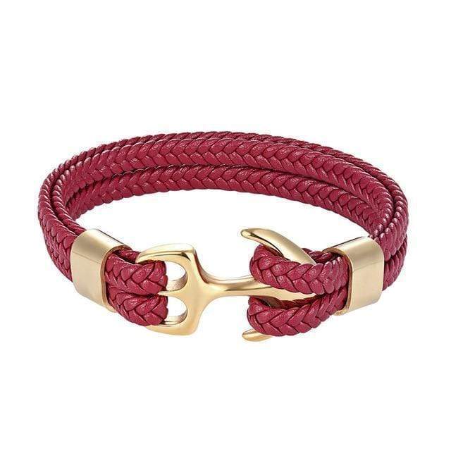 Titanium Anchor Leather Bracelet Leather Unique Leather Bracelets Red 19cm 